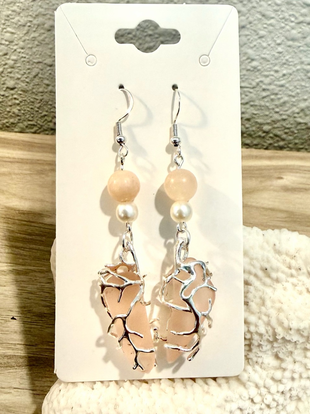 65. Handcrafted Pink Pearl Drop Earrings with pink sea glass pendants
